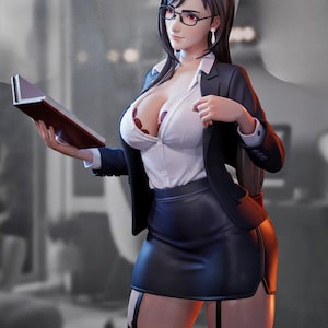 May include: A figurine of a woman in a business suit, holding a book. She wears a white button-down shirt, black blazer, and a black skirt. The figurine has glasses and long dark hair. She is also wearing a red bra and black stockings.