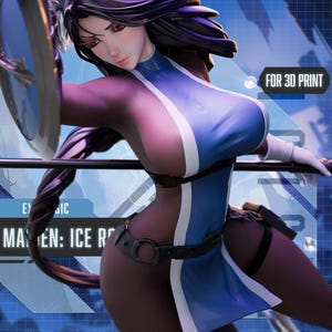 May include: A digital illustration of a female character from "Nikke: Goddess of Victory" in a blue and white outfit. The image is labeled "For 3D Print". The character has long dark hair and is holding a shield.