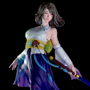 May include: A detailed figurine of a character with shoulder-length brown hair, wearing a white top and a long, flowing dark blue skirt with floral patterns. The figure features a yellow sash with a red floral ornament and holds a long staff.