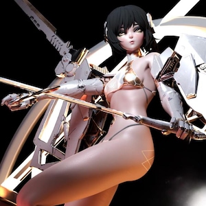 Peut inclure: Une œuvre d'art numérique représentant une figure féminine aux cheveux noirs et aux yeux dorés, vêtue d'un bikini or et blanc. Elle tient une arme dorée et est entourée d'éléments mécaniques blancs et dorés.