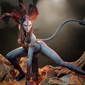 May include: A detailed sculpture of a Na'vi warrior from the movie Avatar. The figure is in a crouching pose, with blue skin, a long tail, and intricate braided hair. The warrior wears tribal-style adornments and has a fierce expression.