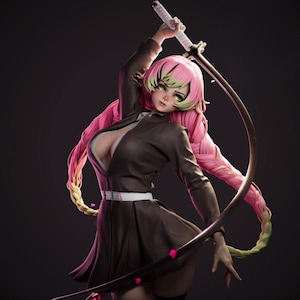 May include: A detailed figurine of a character with pink and green hair, wearing a dark brown outfit with a white belt. The figure is holding a sword with a curved blade, posed dynamically against a dark background.