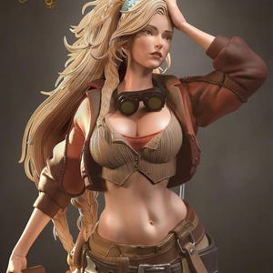 Può includere: Statuetta dettagliata di un personaggio femminile di "Monster Hunter Wilds". Ha lunghi capelli biondi, occhiali e indossa una giacca e un gilet marroni. La figura è in posa con una mano sulla testa e l'altra che tiene uno strumento di legno. Sfondo scuro.