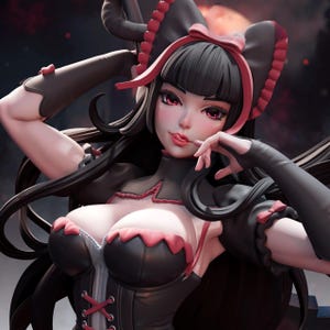 Könnte beinhalten: Detaillierte Figur einer Frau mit langen schwarzen Haaren und rosa Augen. Sie trägt ein gothisches Outfit in Schwarz und Rosa mit Korsett, Handschuhen und einer großen Schleife. Der Hintergrund ist eine verschwommene Nachtszene.