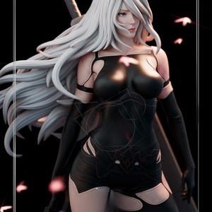 May include: A detailed figurine of a female character with long, flowing white hair and a black outfit. The figure is posed with a sword, and the background is dark with pink accents. The character has a serious expression.
