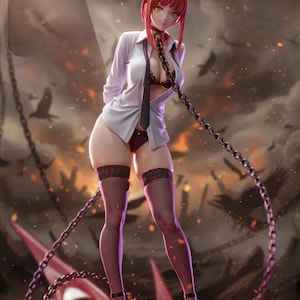 May include: A figurine of a woman with red hair, wearing a white shirt, black tie, and black lingerie. She is chained to a red, demonic-looking structure. The background features a fiery, apocalyptic scene with birds.