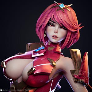May include: A 3D rendered image of a female character with pink hair and red eyes. She wears a red and gold futuristic outfit with intricate details. The image has a dark background and is a digital art piece.