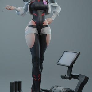 May include: A futuristic figurine of a woman with rainbow-coloured hair, wearing a black and red bodysuit, white shorts, and black leggings. She holds a cigarette and stands on a circular base with mechanical components. The figure has a futuristic aesthetic.
