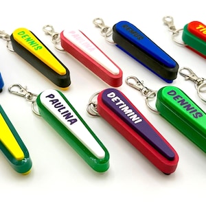 May include: A collection of eleven elongated, wedge-shaped keychains in various colors including blue, yellow, red, green, white, and purple. Each keychain features a metal lobster clasp and a contrasting center panel with names like Dennis, Nina, Milan, Paulina, and Tibor printed in bold, dark lettering.