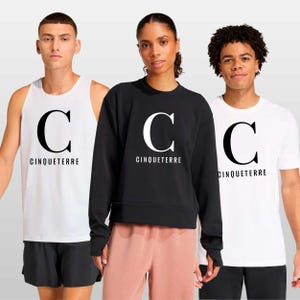 May include: Three items of clothing with the word "CINQUETERRE" printed on them. A white vest top, a black sweatshirt, and a white t-shirt. Each garment has a large white "C" above the word "CINQUETERRE".