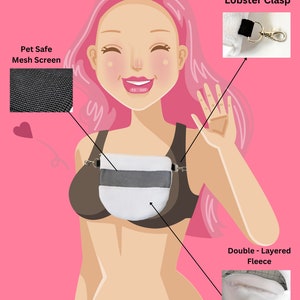 May include: Bra Bonding Pouch, a white and grey pouch with a pet-safe mesh screen and double-layered fleece. The pouch attaches to a bra with lobster clasps. The image includes the text "Bra Bonding Pouch".