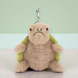 Könnte beinhalten: Ein Schlüsselanhänger mit einer Schildkröte aus Plüsch mit traurigem Gesichtsausdruck. Die Schildkröte hat einen hellbraunen Körper, einen grünen Panzer und einen silbernen Metallclip. Das Stofftier ist in einem niedlichen, cartoonartigen Stil gestaltet.