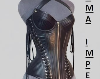 Genuine Leather Underbust Corset - Halter Straps, Gothic Steampunk Waist Cincher