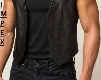 Men's Genuine Leather Vest – Slim Fit Biker Gilet, Western Style V-Neck Motorcycle Waistcoat