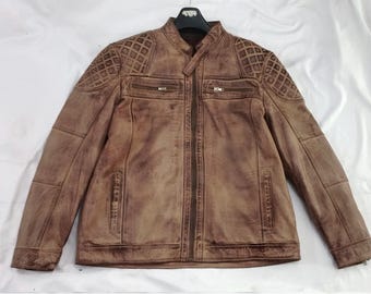 Chaqueta de motociclista de piel de vacuno marrón claro para hombre - Acabado rugoso y pulido