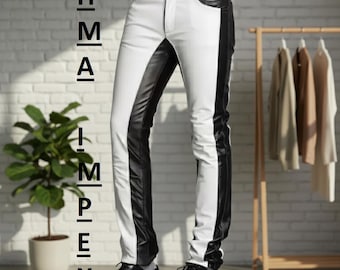 Men's Two-Tone Slim Fit Leather Biker Pants – Black White Fashion Trousers
