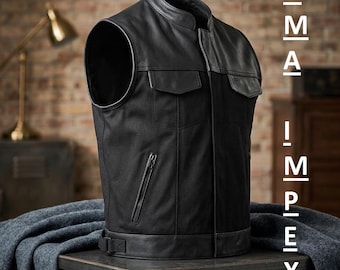 Men's Black Leather Biker Vest – Minimalist Zip Waistcoat with Pockets