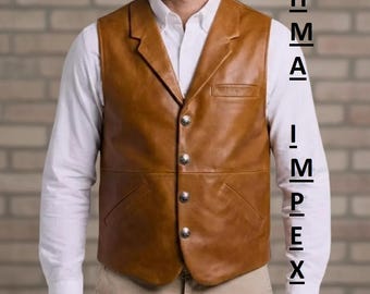 Men's Tan Leather Vest - Vintage Cowboy Style Waistcoat