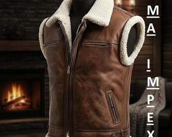 Men's Brown Leather B3 Aviator Shearling Vest, Sheepskin Lined Winter Waistcoat Jacket