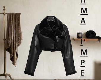 Women's Black Suede Shearling Cropped Winter Jacket – Warm Sherpa Leather Coat