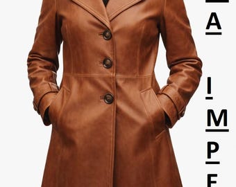 Women’s Brown Leather Coat | Genuine Leather Long Jacket | Vintage Style Winter Trench Coat for Women