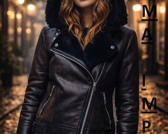Women’s Hooded Faux Fur Leather Jacket, Winter Moto Coat with Fur Trim Cuffs & Hood, Warm Stylish Outerwear