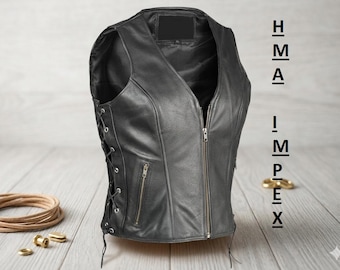 Women's Genuine Leather Vest – Lace Up Side Biker Style Waistcoat