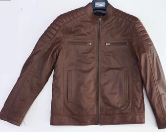 Chaqueta de motociclista de piel de vaca marrón chocolate - Corte clásico para hombre