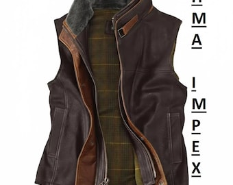 Women's Genuine Leather Vest – Shearling Lined, Plaid Interior, Moto Style