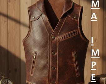 Distressed Brown Leather Vest – Vintage Western Cowboy Biker Gilet