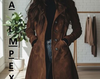 Brown Suede Leather Trench Coat – Slim Fit Duster Jacket, Western Style Overcoat