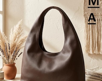 Genuine Leather Hobo Bag | Slouchy Tote Purse, Minimalist Brown Everyday Bag