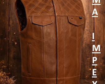 Cognac Brown Diamond Quilted Leather Vest | Genuine Cowhide Biker Style Waistcoat
