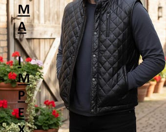 Men's Quilted Genuine Leather Vest – Classic Biker Waistcoat, Western Style