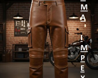 Men's Brown Genuine Leather Cargo Pants, Slim Fit Biker Trousers
