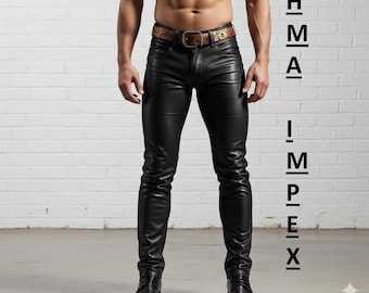 Men's Black Genuine Leather Slim Fit Moto Pants – Sleek Designer Trousers