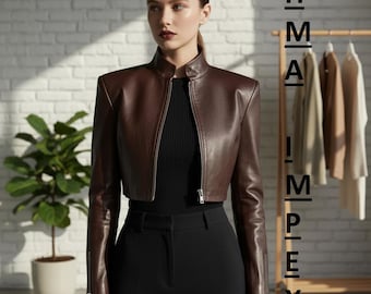 Brown Cropped Leather Jacket – Minimalist Slim Fit Biker Style Elegance