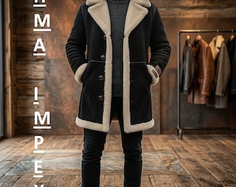 Men's Black Suede Shearling Coat – Vintage Style Sherpa Lined Winter Jacket