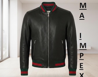 Men's Black Leather Bomber Jacket – Varsity Ribbed Trim, Slim Fit Streetwear