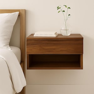 Mesita de noche flotante de nogal macizo o roble con cajón / Mesita de noche moderna de pared / Mesita de noche minimalista de madera hecha a mano