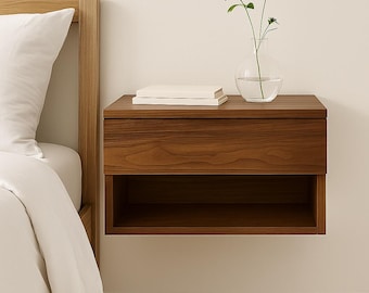 Mesita de noche flotante con cajón, moderna de mediados de siglo, con estante de pared, de madera de nogal, ideal para dormitorios pequeños.