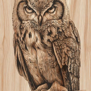 May include: Detailed wood-burned artwork of a Great Horned Owl. The owl is depicted with intricate feather details, sharp talons, and a focused gaze. The artwork is rendered on a light-colored wood surface, showcasing the natural grain.