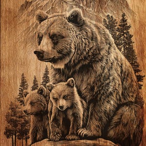 May include: A detailed woodcut illustration of a bear family. A large bear sits with two cubs on a rock, with a mountain range and trees in the background. The artwork is rendered in shades of brown and black.