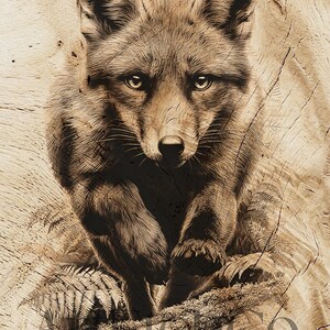 Puede incluir: Tallado en madera detallado de un zorro, mostrando intrincados detalles de pelaje y rasgos faciales. El zorro está en posición frontal, sobre un fondo de madera texturizada. La obra destaca la expresión atenta del zorro y su hábitat natural.