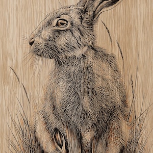 Puede incluir: Ilustración detallada en xilografía de una liebre y una cría de liebre en hierba alta. La obra de arte presenta un intrincado trabajo de líneas, mostrando el pelaje de las liebres y la textura de la madera. La paleta de colores es principalmente de tonos naturales marrones y beige.