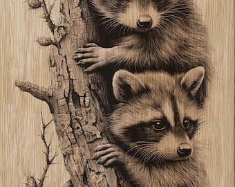Raccoon Engraving PNG, Rustic Woodland Animal Clipart, Laser-Ready Wood Engraving File for Glowforge & CNC