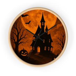 Halloween Haunted House Wall Clock - Spooky Decor for Fall, Seasonal Wall Art, Unique Gift, Pumpkin and Bat Design