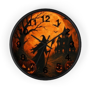 Halloween Themed Wall Clock, Spooky Decor, Witch Clock, Pumpkin Home Accent, Haunted House Clock, Fall Decor