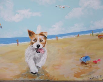 Lámina artística de Jack Russell Terrier: "Libertad en la playa" con paspartú, 8x10