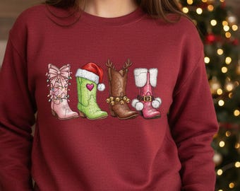 Cowgirl Holiday Boots PNG Western Christmas Art Festive Pink Reindeer Santa Design Digital Download